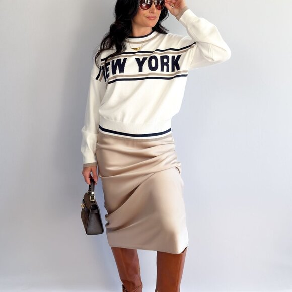 Women’s New York Varsity Knit Sweater – Ivory & Navy - Picture 8 of 10